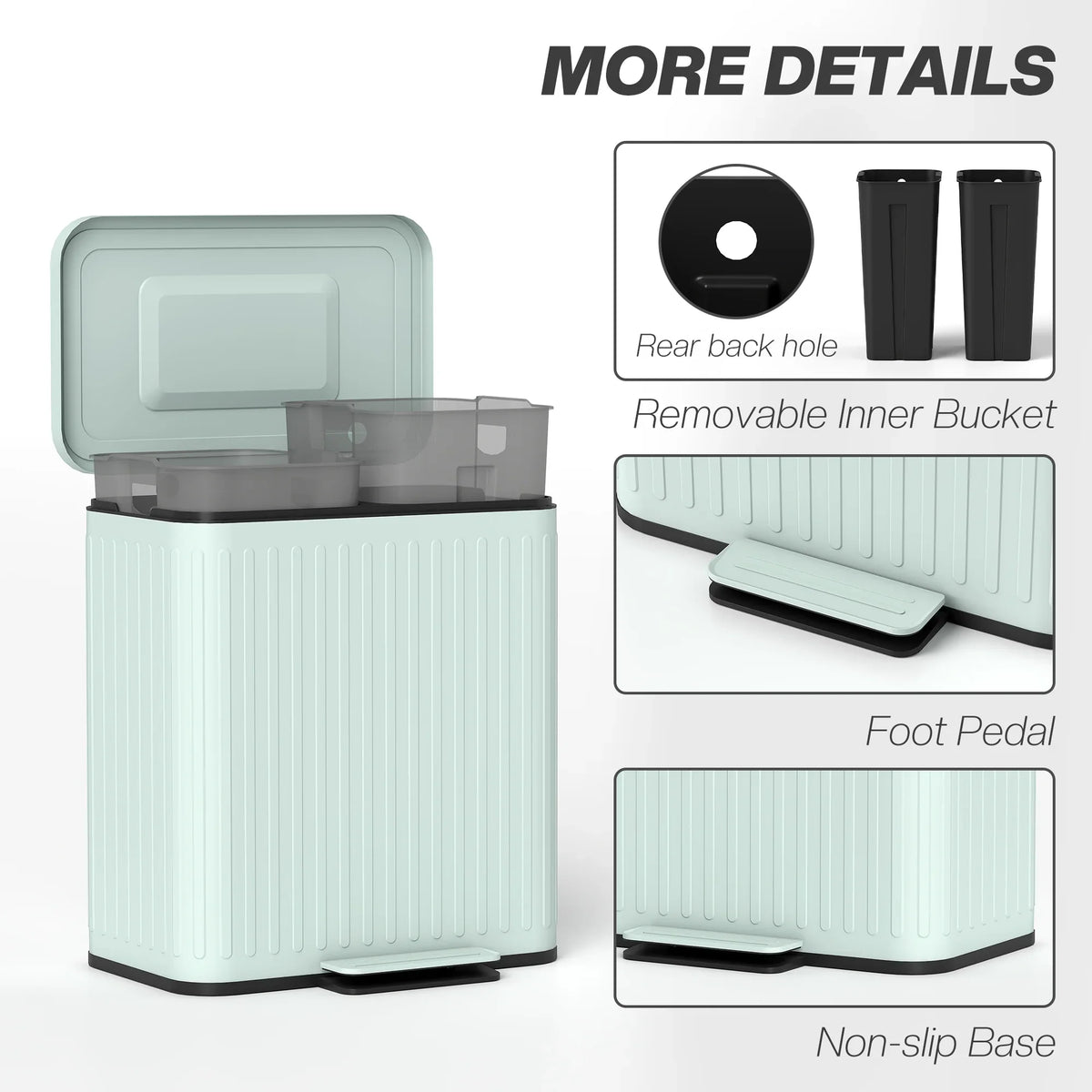 Mint green dual-compartment pedal trash bin with removable inner buckets and foot pedal.
