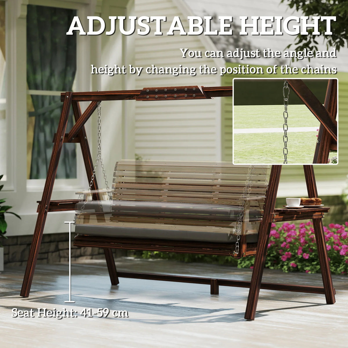 Adjustable-height 3-seater swing bench with gray cushion and linked chain suspension