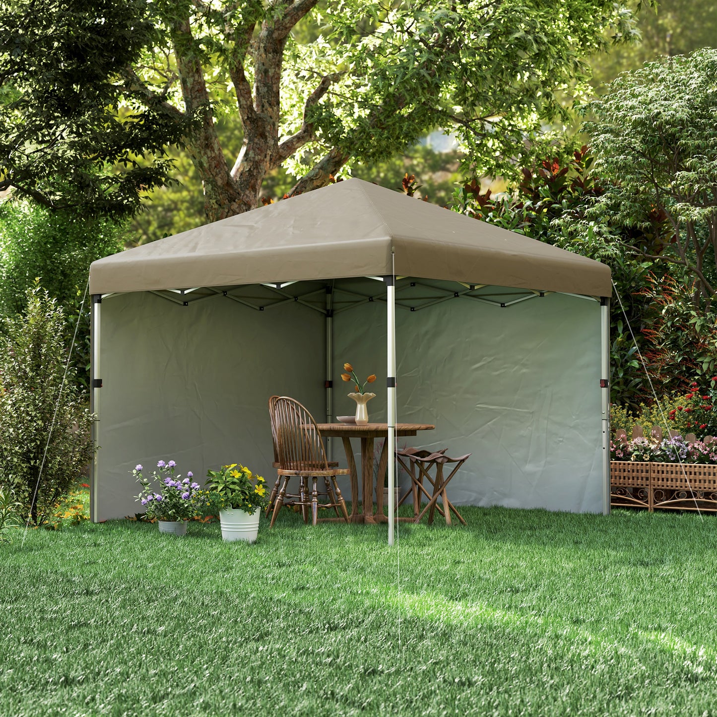 Outsunny 3x3 Pop Up Gazebo M Height Adjustable UPF 30+ With 2 Sidewalls Leg Weight Bags Wheeled Bag Khaki