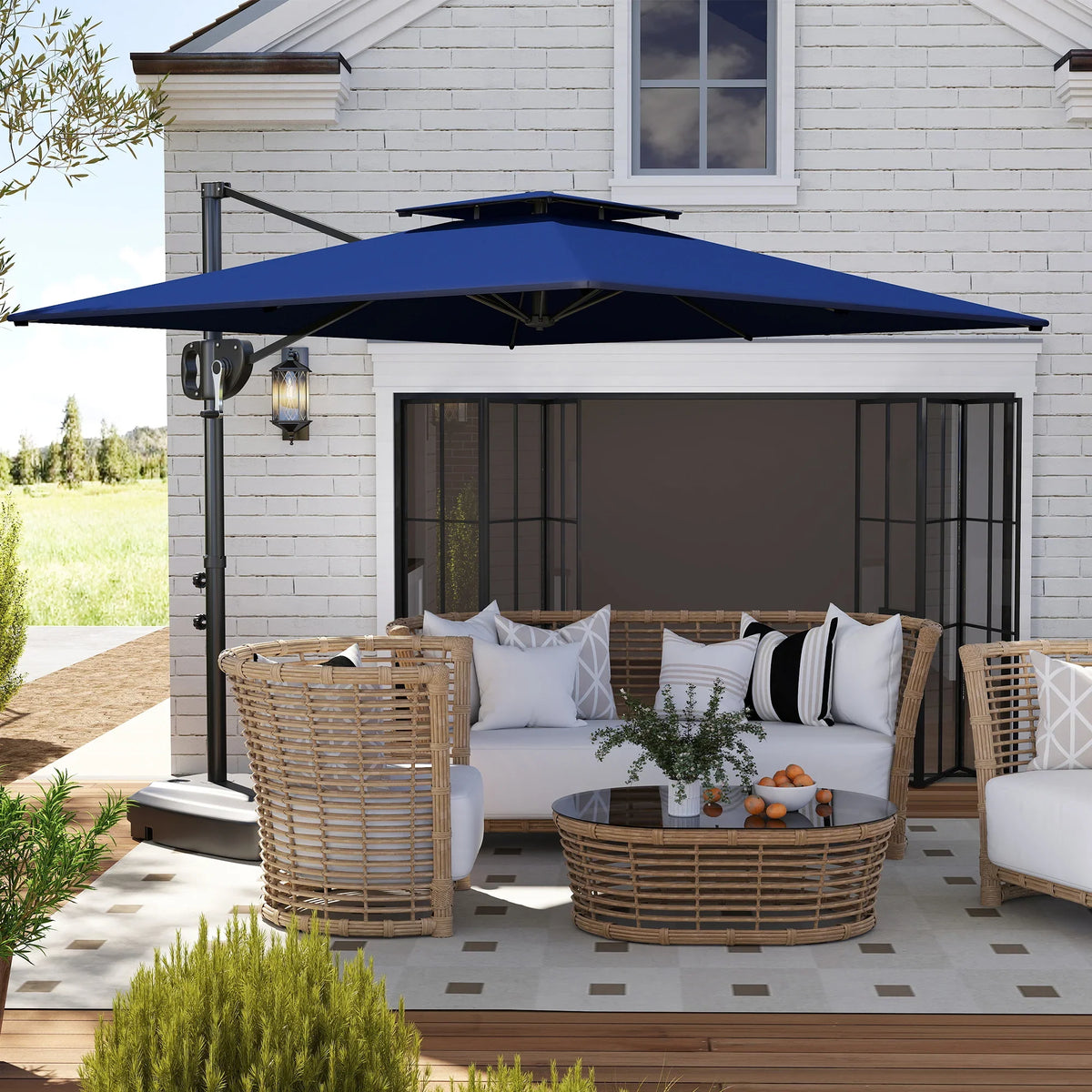 Dark blue double-top cantilever patio parasol with weighted base and crank tilt