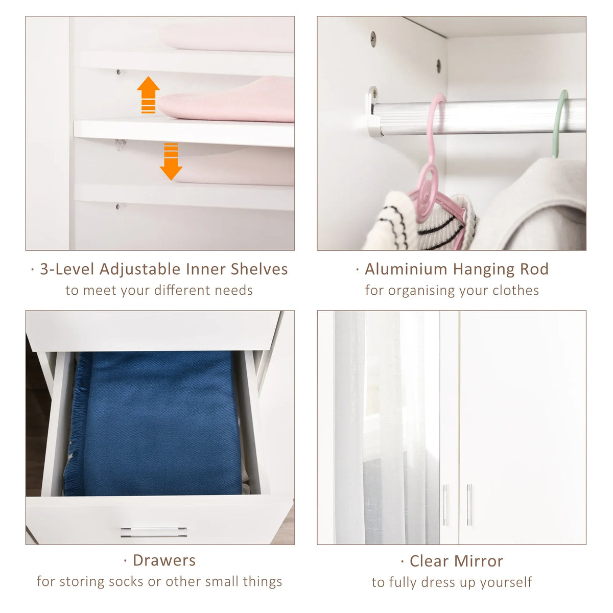 White wardrobe with adjustable inner shelves, drawers, and clear mirror panel.