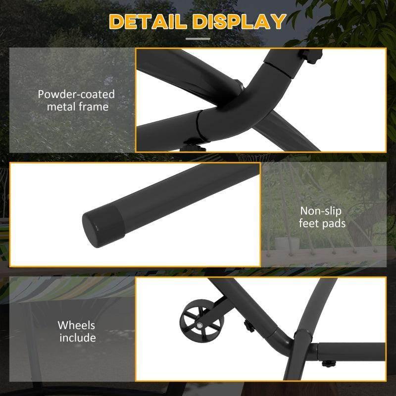Black hammock stand with powder-coated frame, non-slip feet pads, and wheels