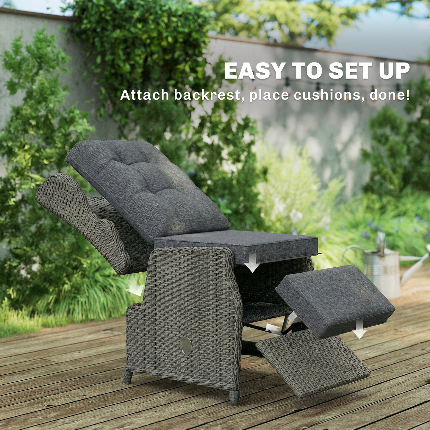 Outsunny Rattan Garden Recliner Chair With Adjustable Back And Footrest Flip Table Cushion Dark Grey