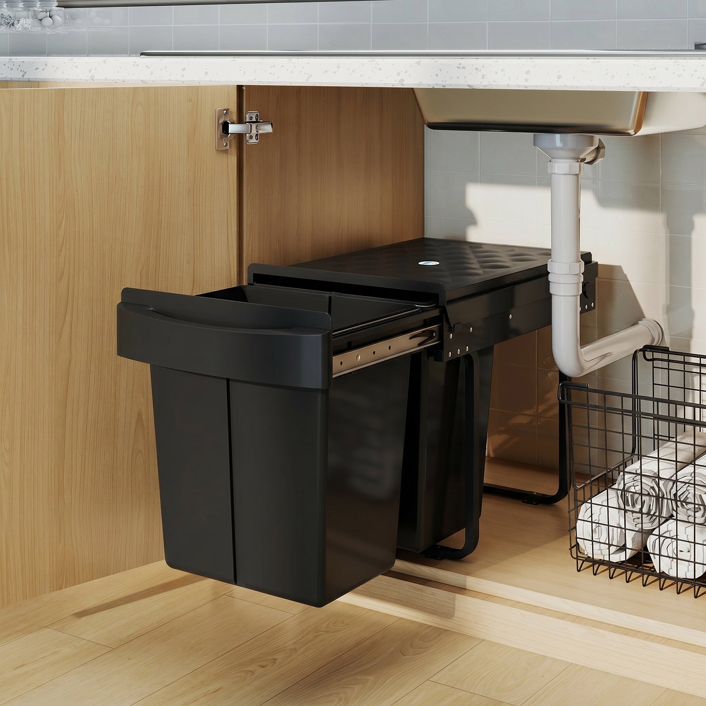 HOMCOM Pull Out Kitchen Bin With Dual Removable Compartments Under Sink Soft Glide Black