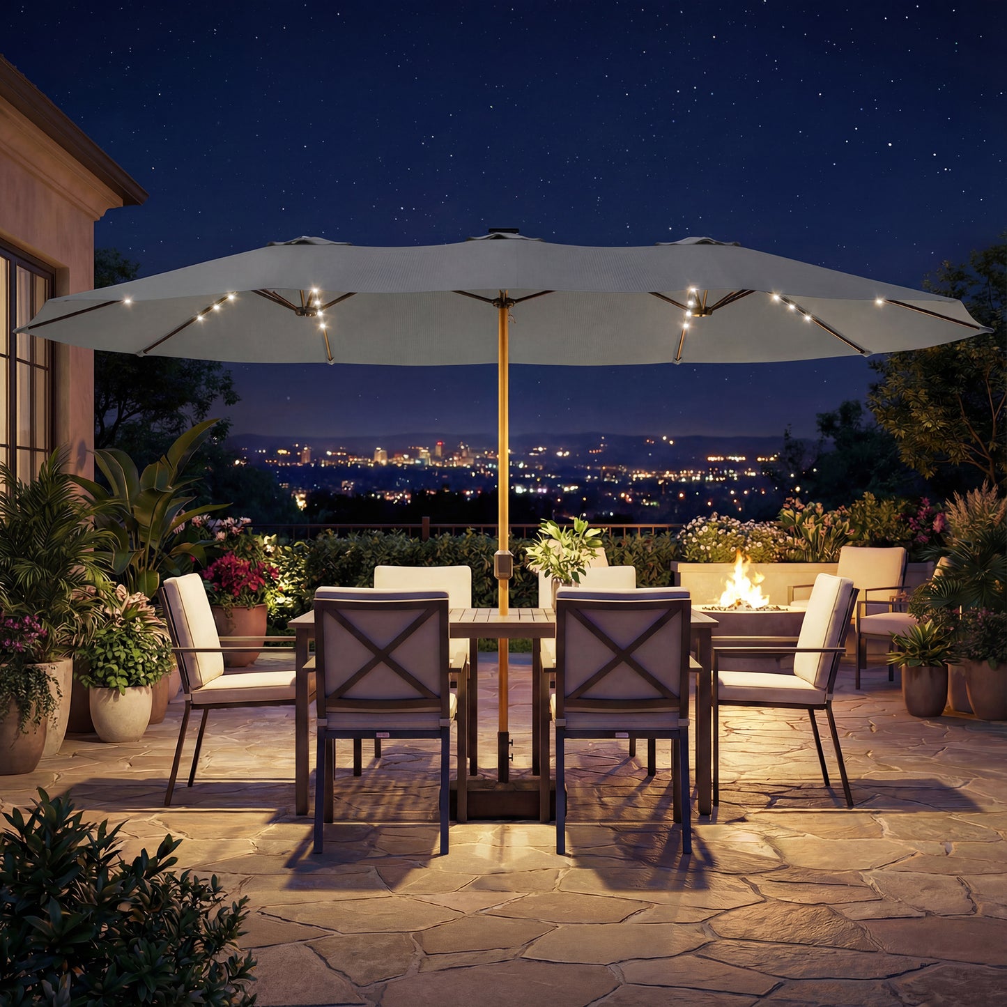Outsunny Double Sided Garden Parasol With Base Included 48 Solar LED Lights Patio Umbrella Crank Handle 4.6m Light Grey