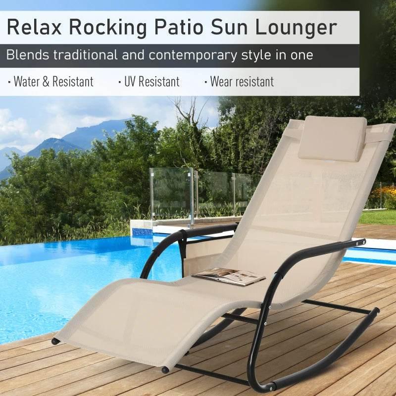 Cream mesh rocking patio sun lounger with removable headrest pillow and armrests