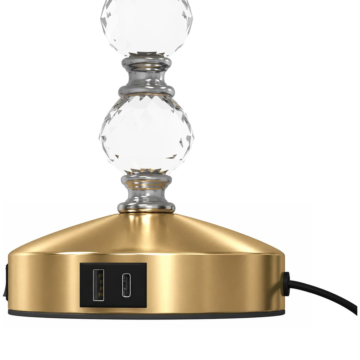 Gold crystal table lamp base with dual USB ports and black power cord