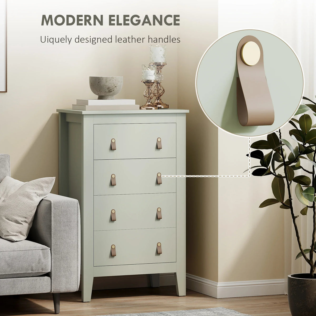 Green 4-drawer dresser cabinet with tan PU leather-style handle pull details