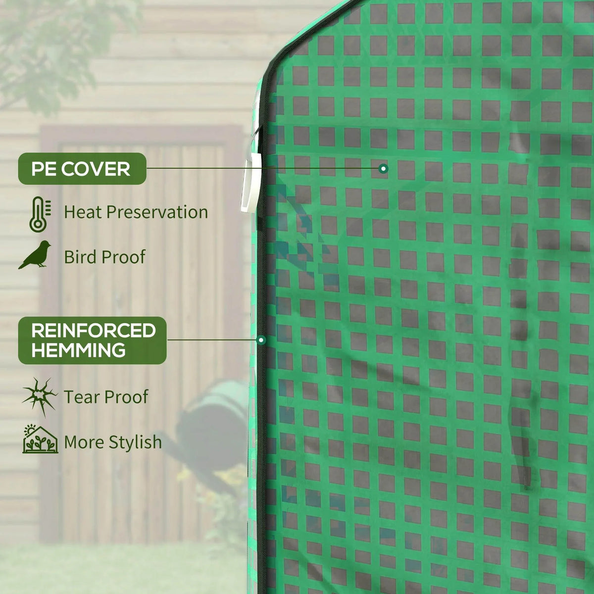 Close-up of green PE greenhouse cover fabric with grid pattern and reinforced stitching