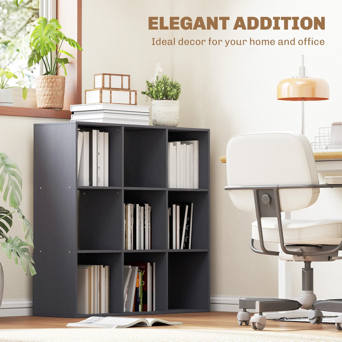 Grey nine-cube storage shelf in a home office, showing open shelving compartments