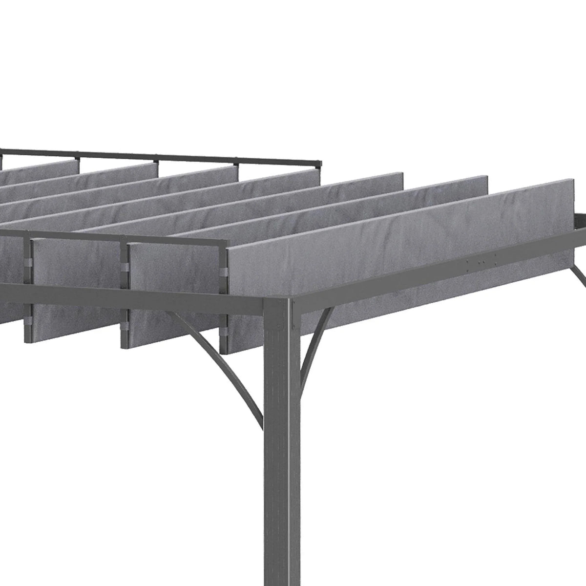 Grey retractable louvered roof slats on an outdoor pergola, extended overhead