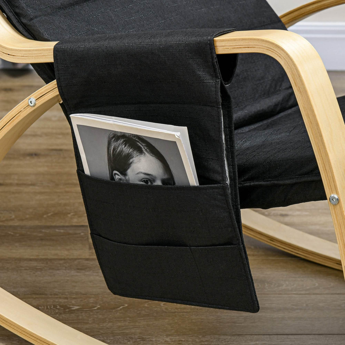 Black side pocket on rocking recliner chair with photo window