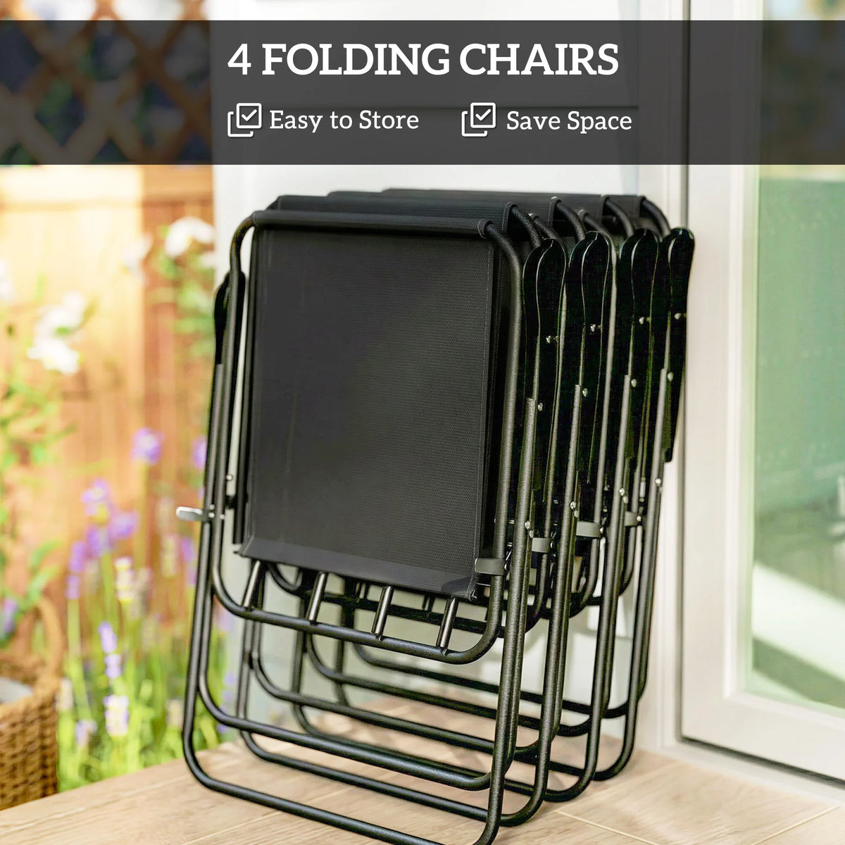 Stacked black folding chairs with mesh seats and tubular steel frames for easy storage