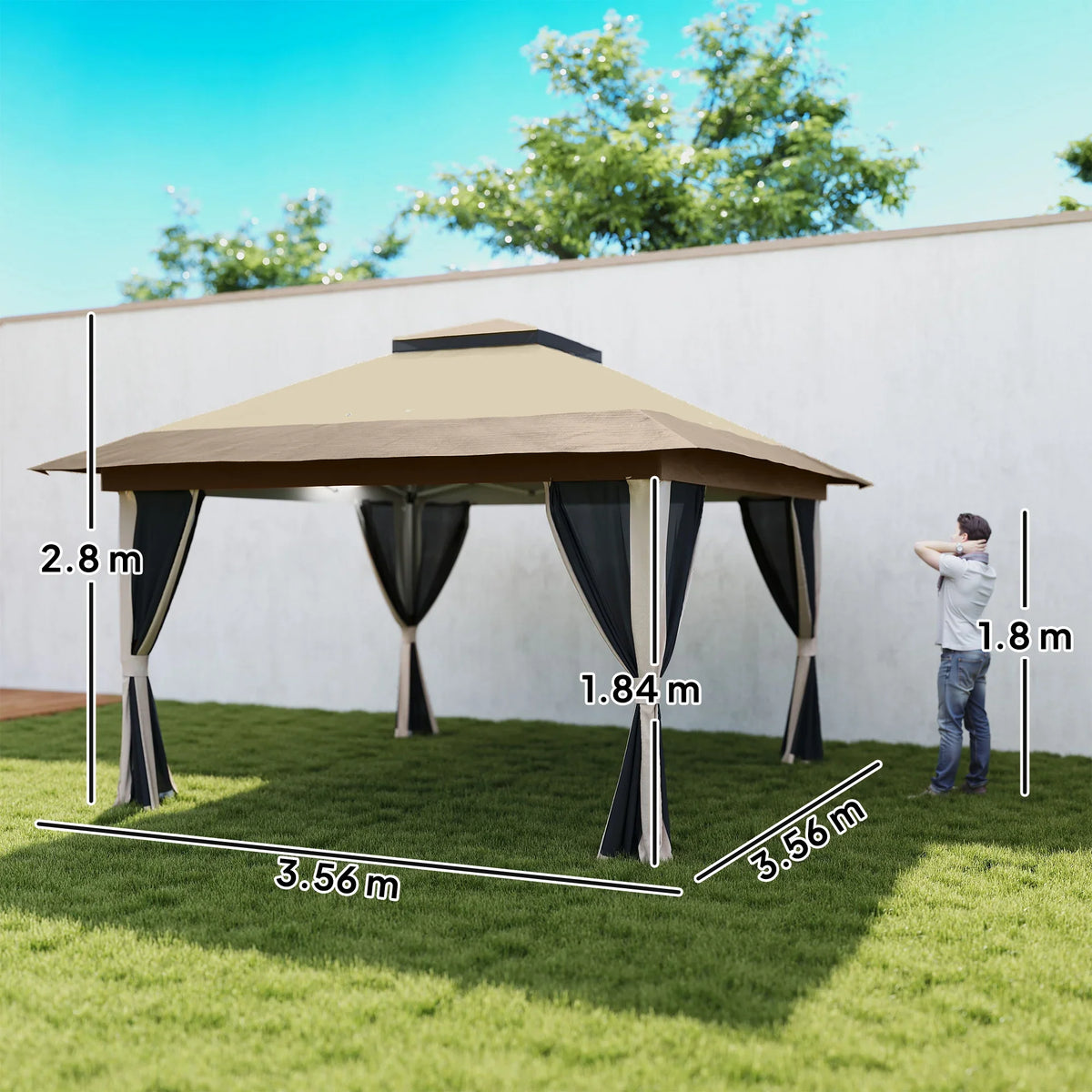 Beige pop-up gazebo with black curtains, stakes and height coverage shown