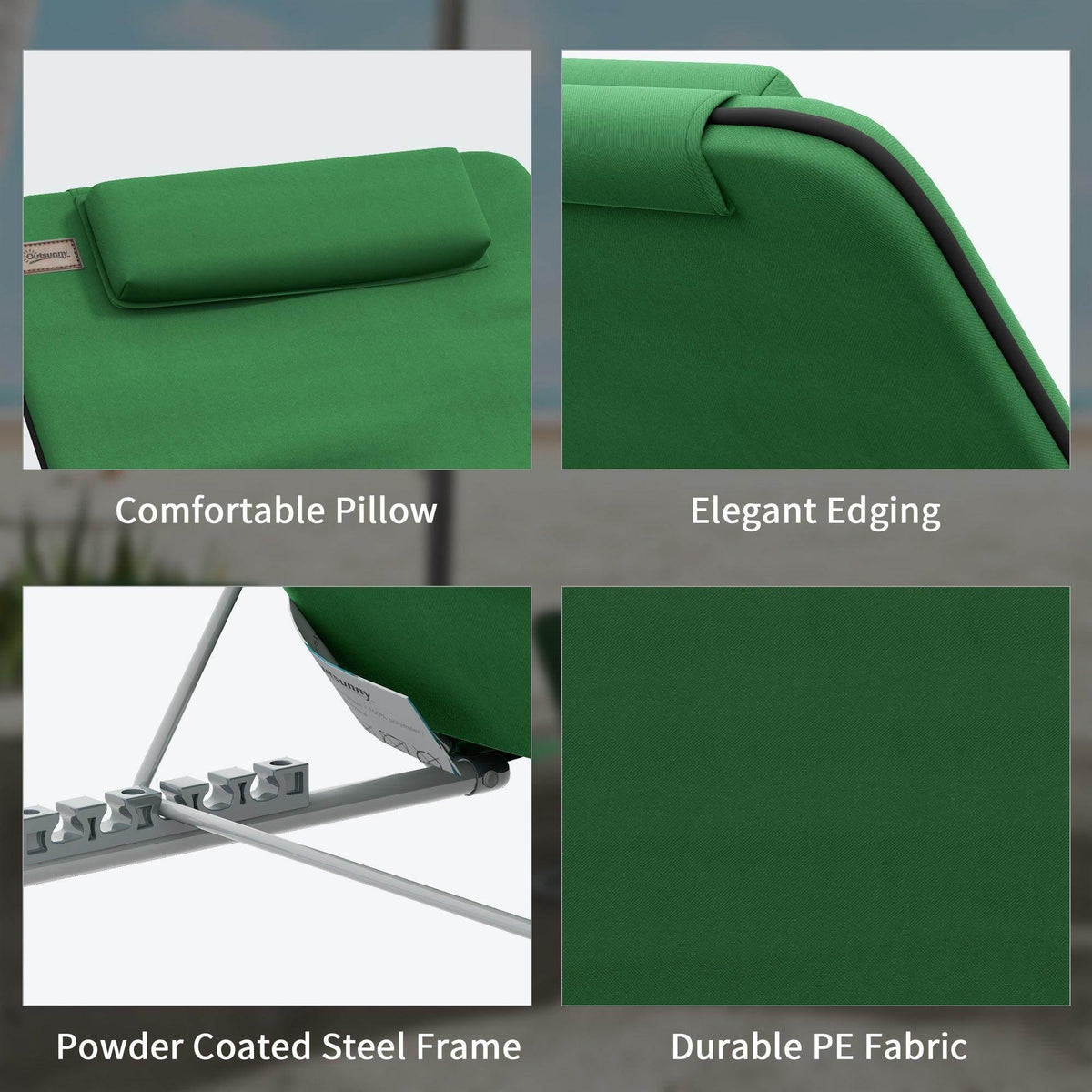 Close-up details of green reclining chair: cushioned pillow, stitched edging, steel frame