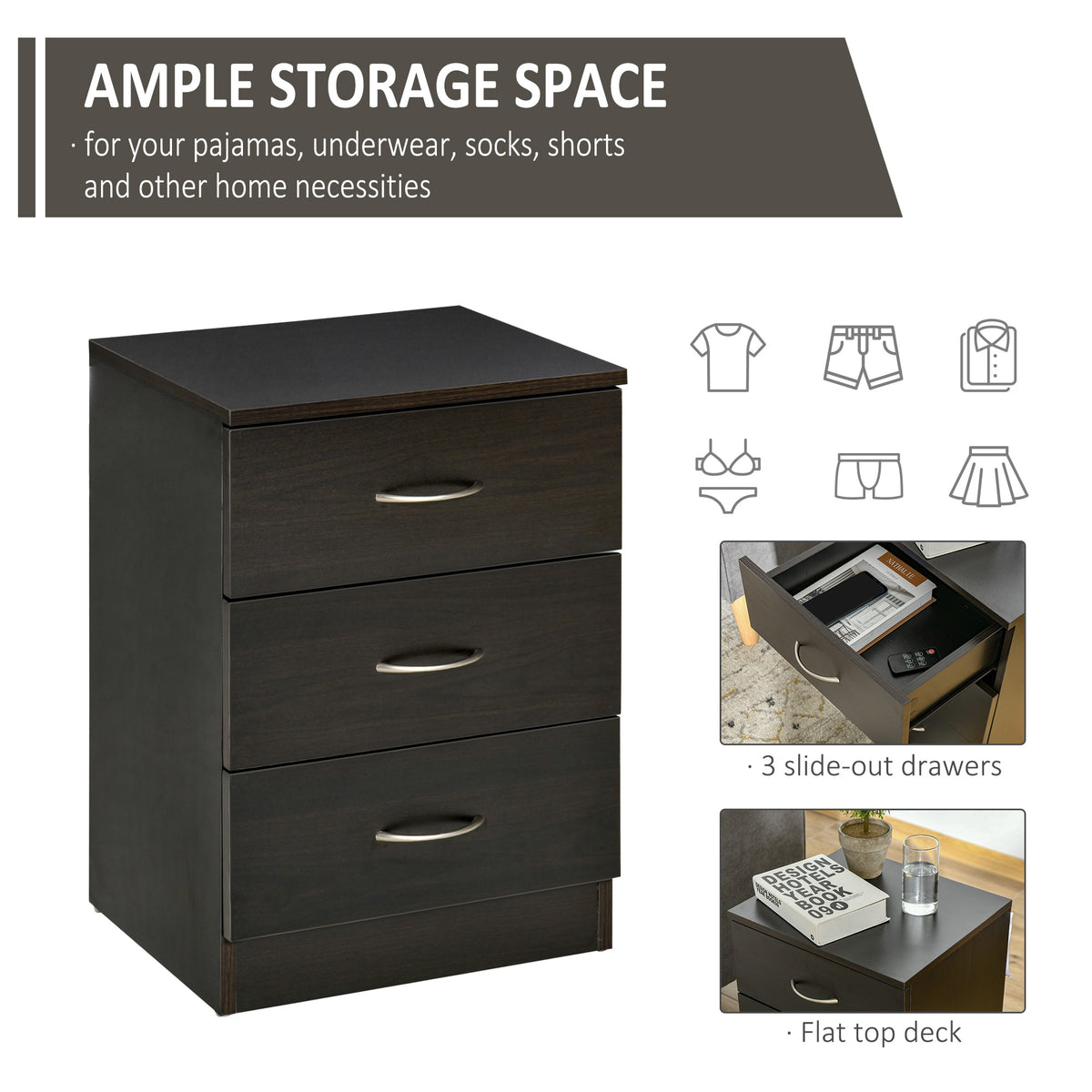 Black three-drawer bedside table with flat top and curved metal drawer pulls.