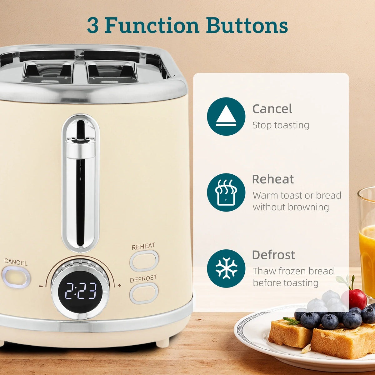 Cream retro toaster front view with mode buttons and countdown display