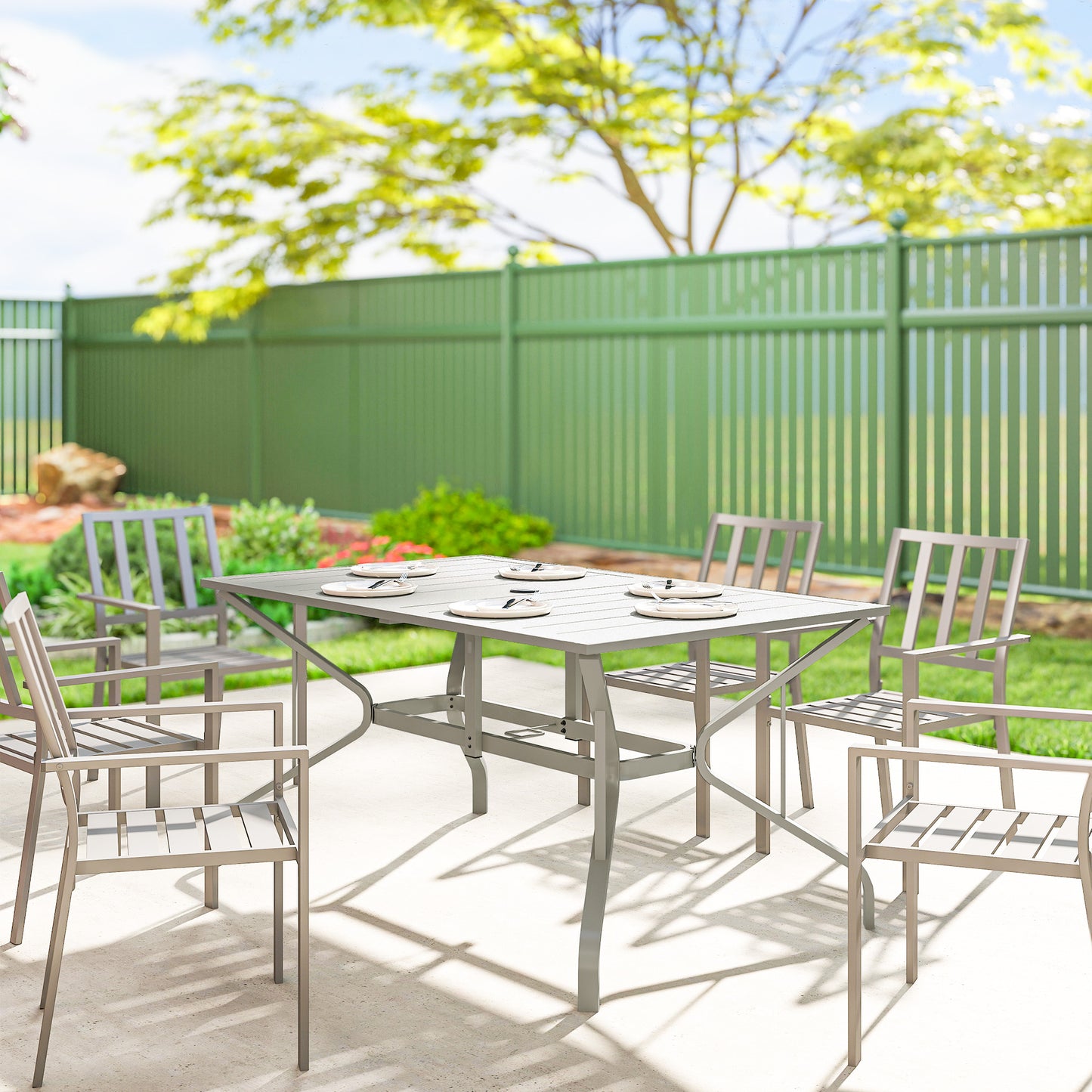 Outsunny Rectangle Garden Table With Parasol Hole For Outdoor Dining For 6 Seats 150cm By 90cm Light Grey Patio Balcony