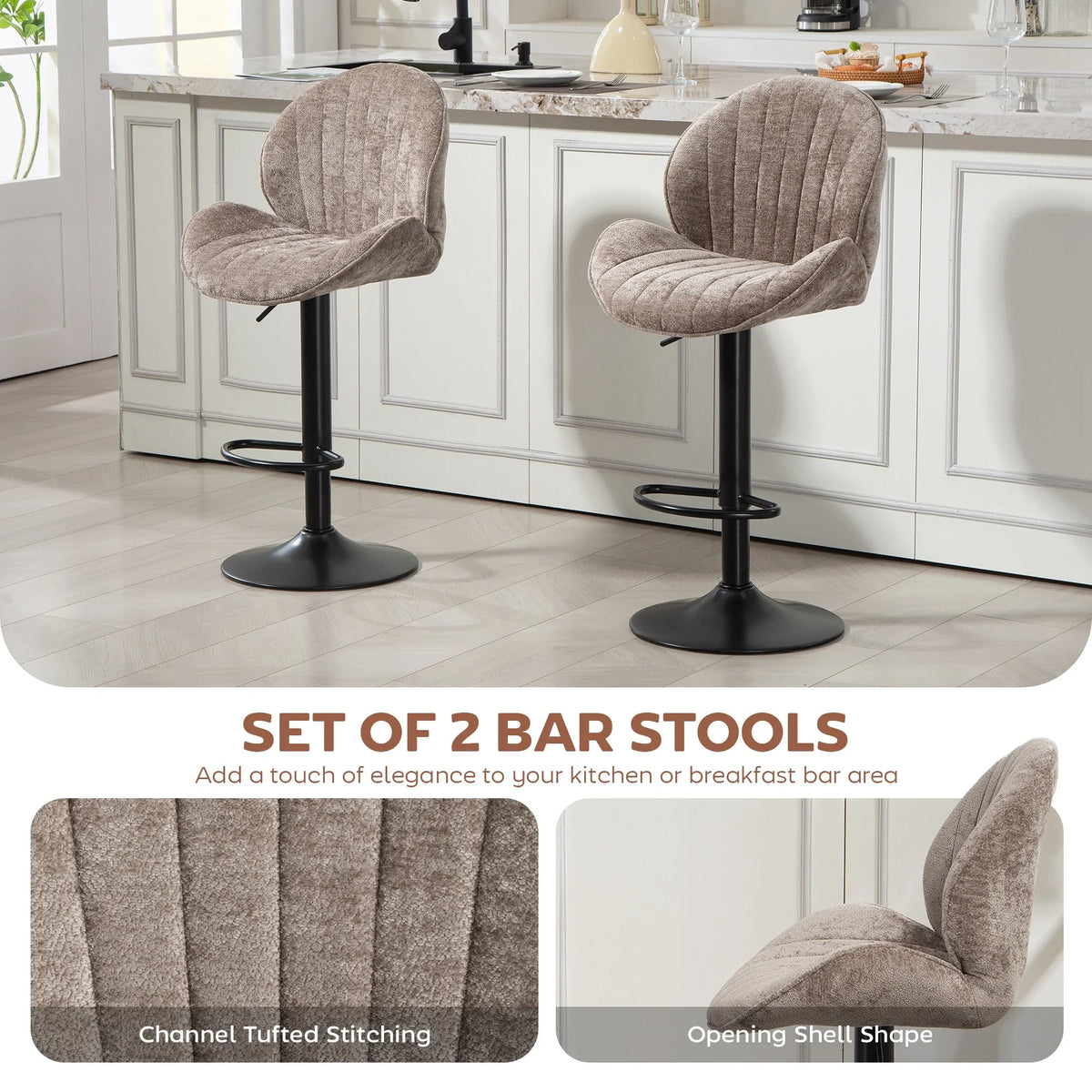 Pair of brown swivel bar stools with channel-tufted seat and backrest, black base