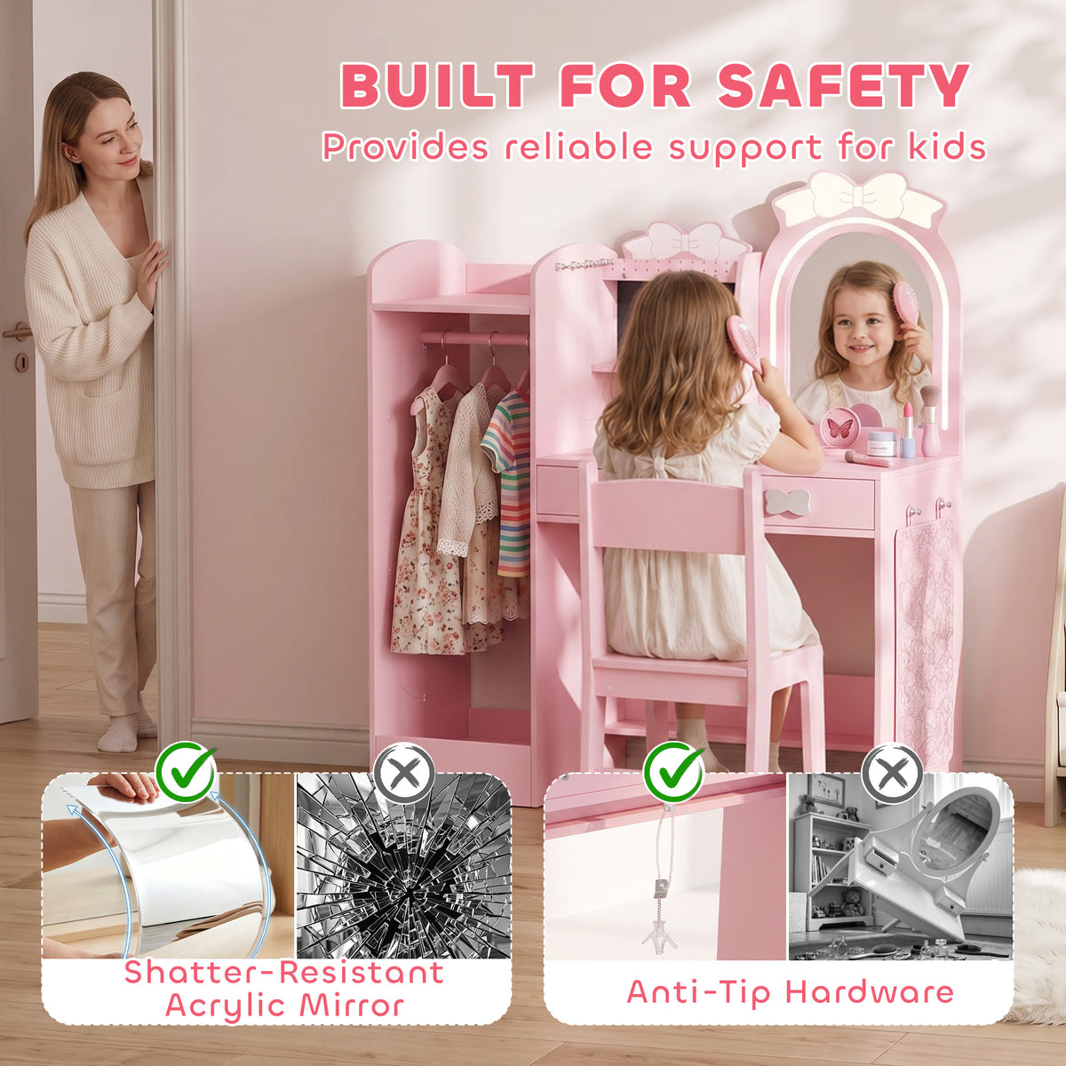 Kids pink dressing table with arched mirror and anti-tip safety hardware