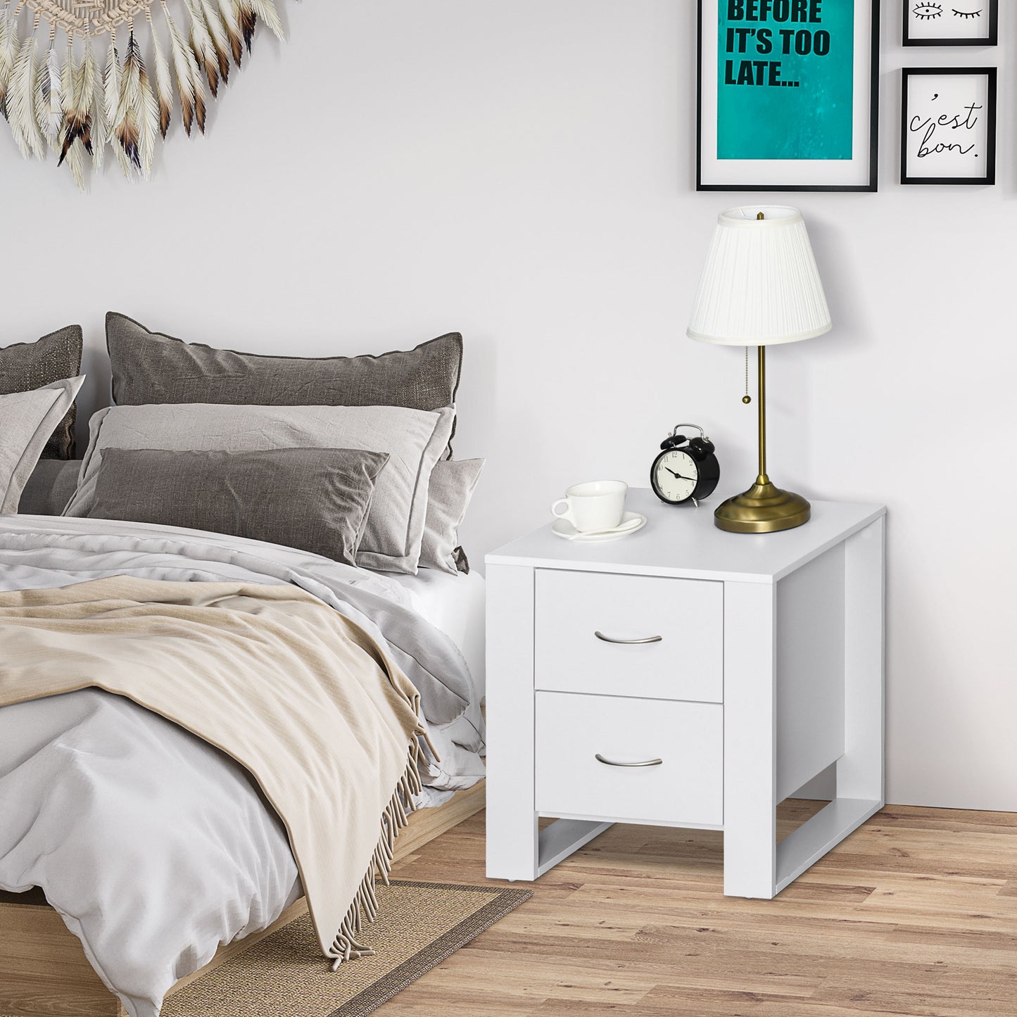 HOMCOM Bedroom Furniture Set With Four Drawer Chest And Two Drawer Nightstand In Modern White