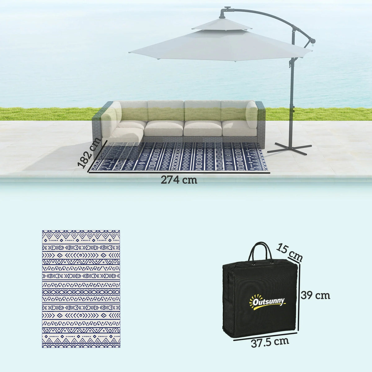 Waterproof outdoor rug, 182 x 274 cm, dark blue and white pattern