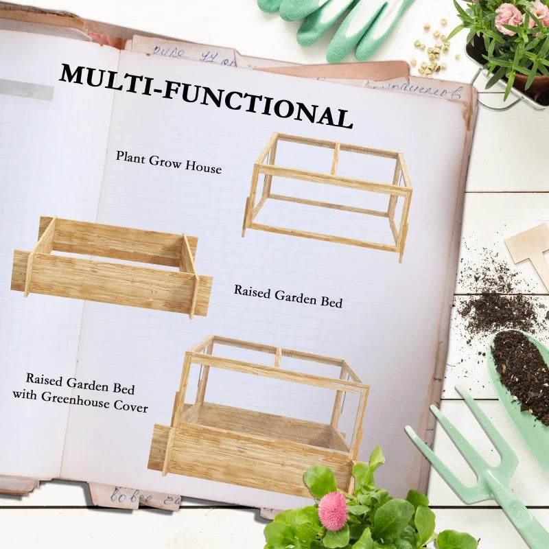 Natural wood greenhouse planter box shown with raised bed and open slanted frame