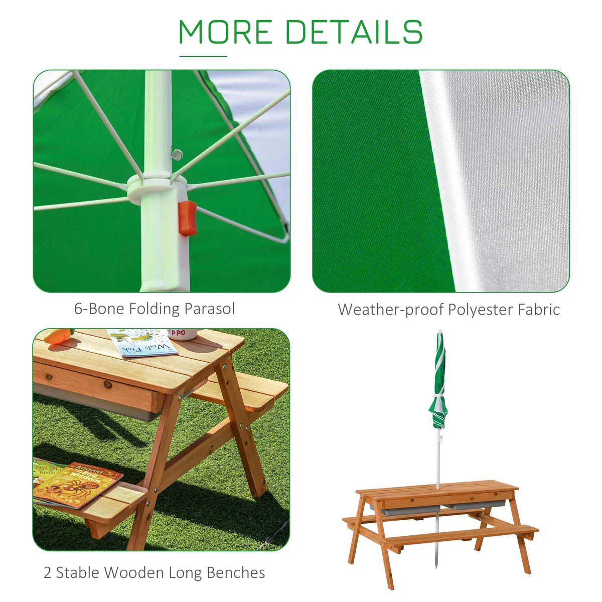 Wooden picnic table with two folding benches and weather-resistant parasol