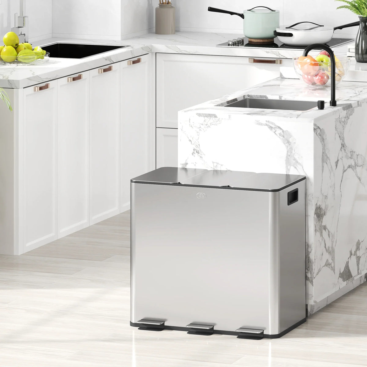 Stainless steel triple kitchen pedal bin with soft-close lid and foot pedals