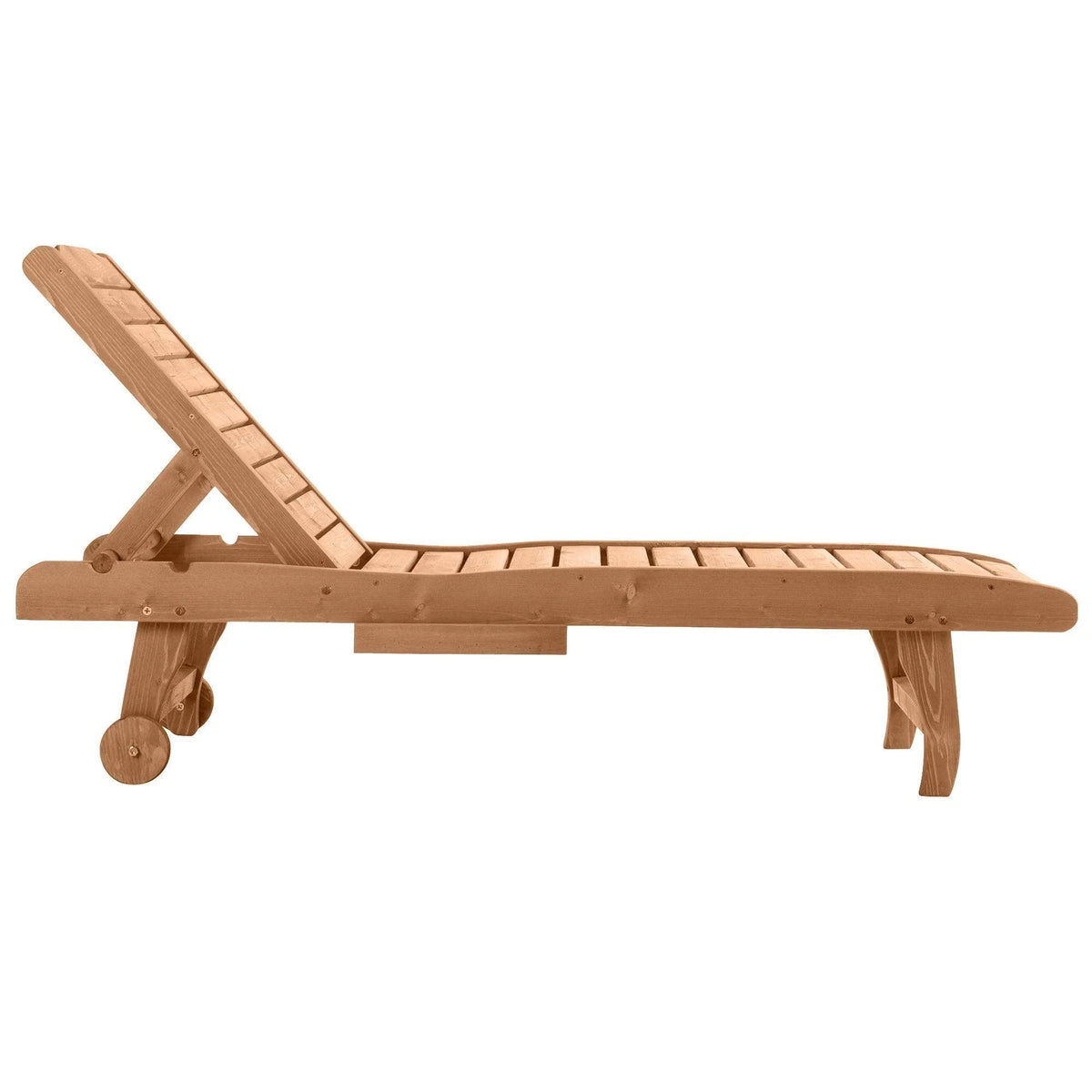 Wooden outdoor lounger chair with reclined slatted seat, adjustable back, and wheels