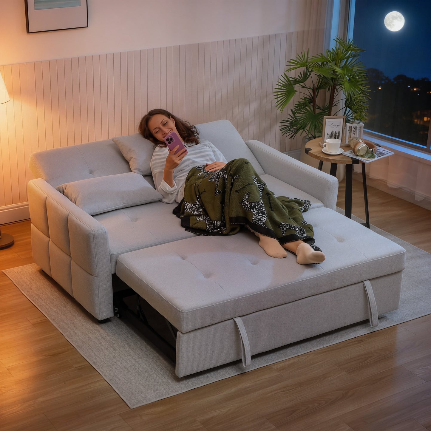 HOMCOM Three Way Two Seater Sofa Bed Light Grey Three In One Compact Linen Look Upholstered Sofa