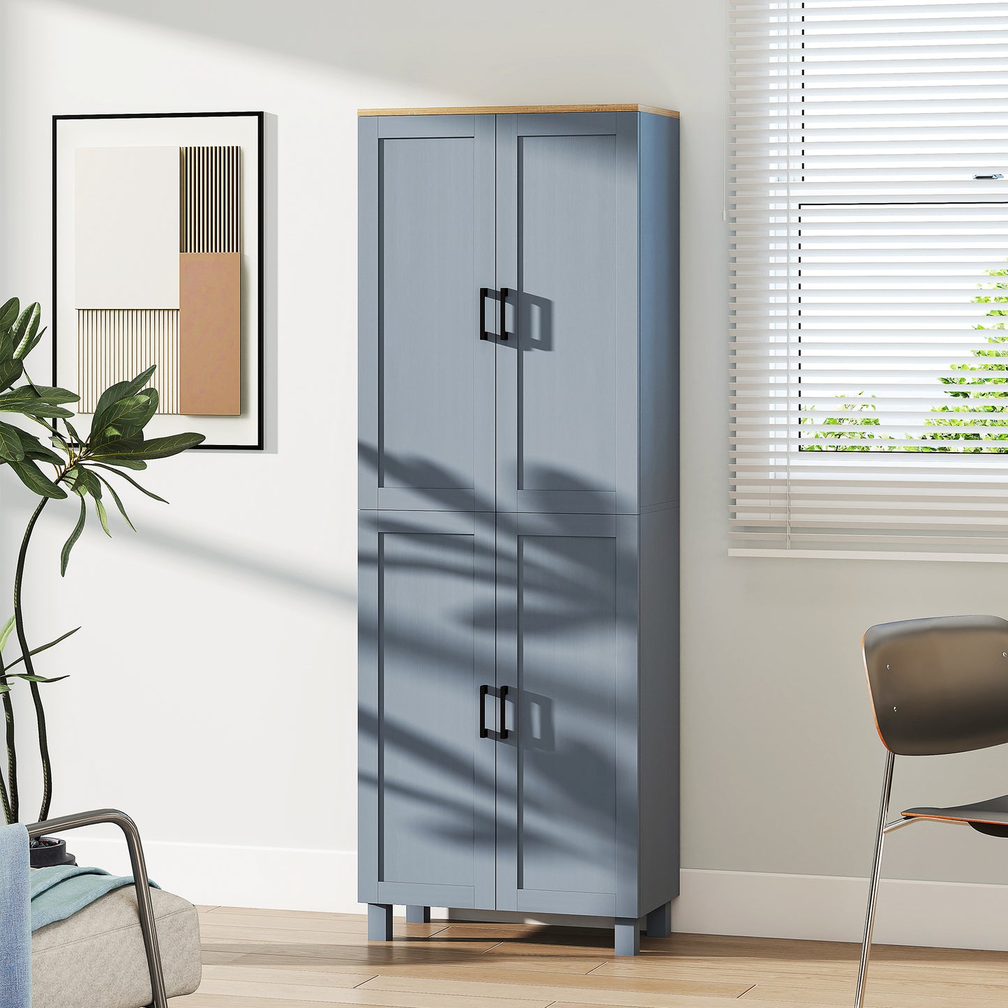 HOMCOM Freestanding Kitchen Cupboard 4-Door Storage Cabinet With Adjustable Shelves Grey Wood Effect 170cm Tall