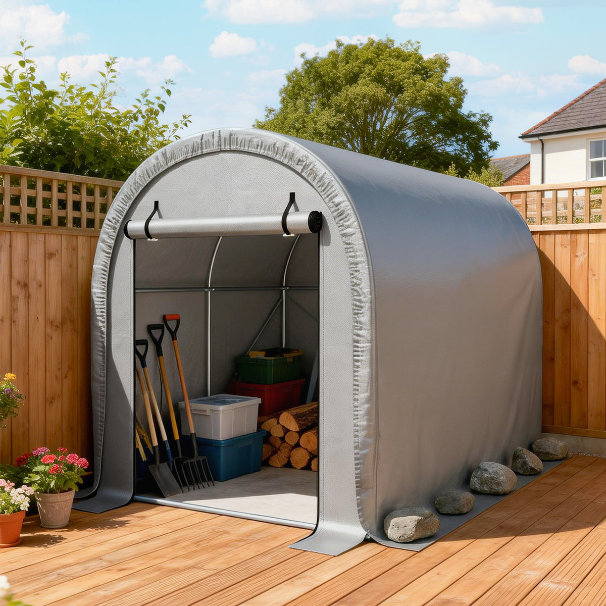 Gray garden storage tent with open arched front, shelves and tools visible inside.