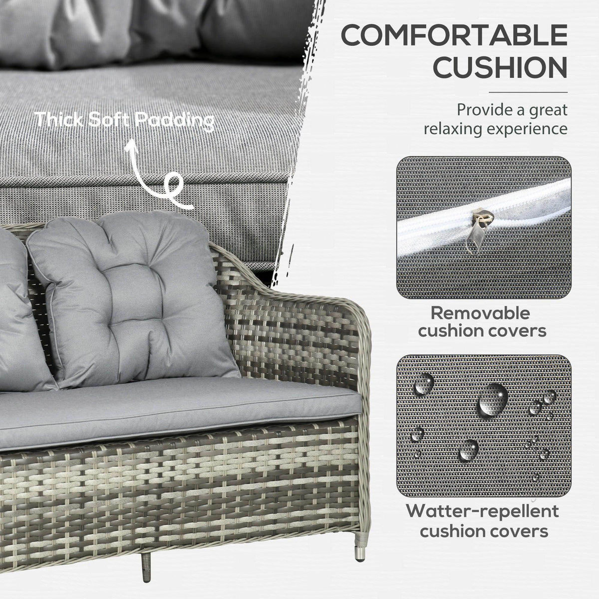 Gray padded cushion with button-tufted stitching on rattan sofa seat