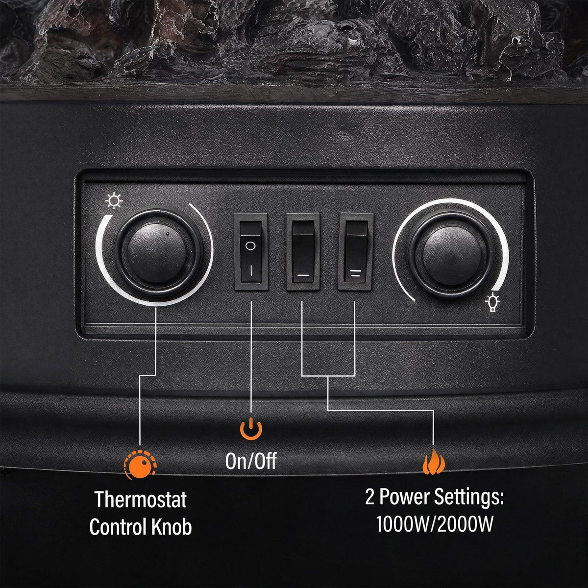 Electric fireplace heater control panel with two large knobs and power switch row