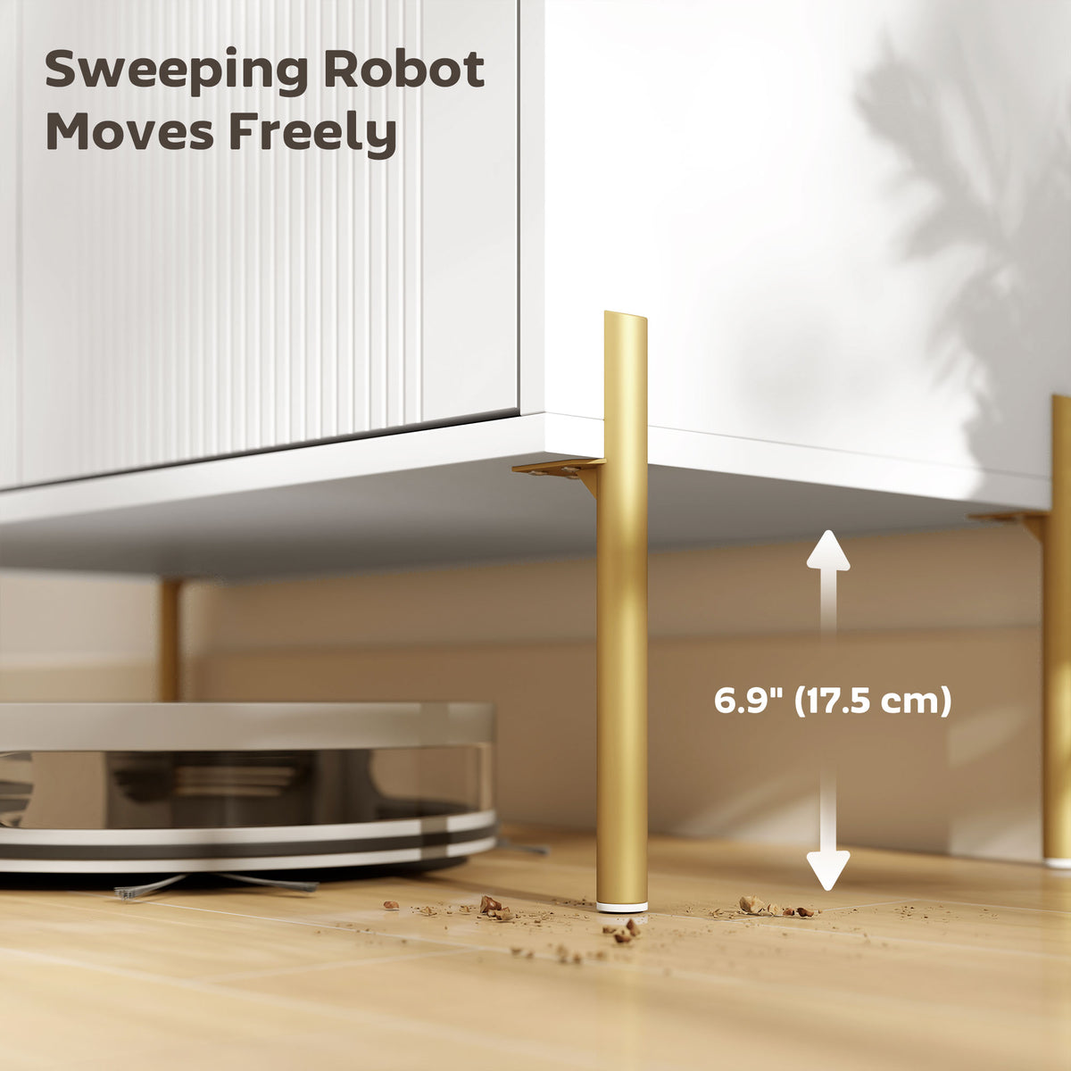 White sideboard cabinet with gold legs, showing clearance above the floor for robots