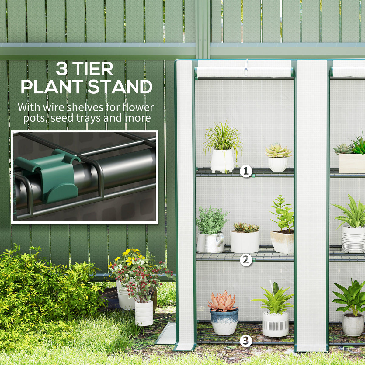 White three-tier mini greenhouse with wire shelves and open side door, holding potted plants