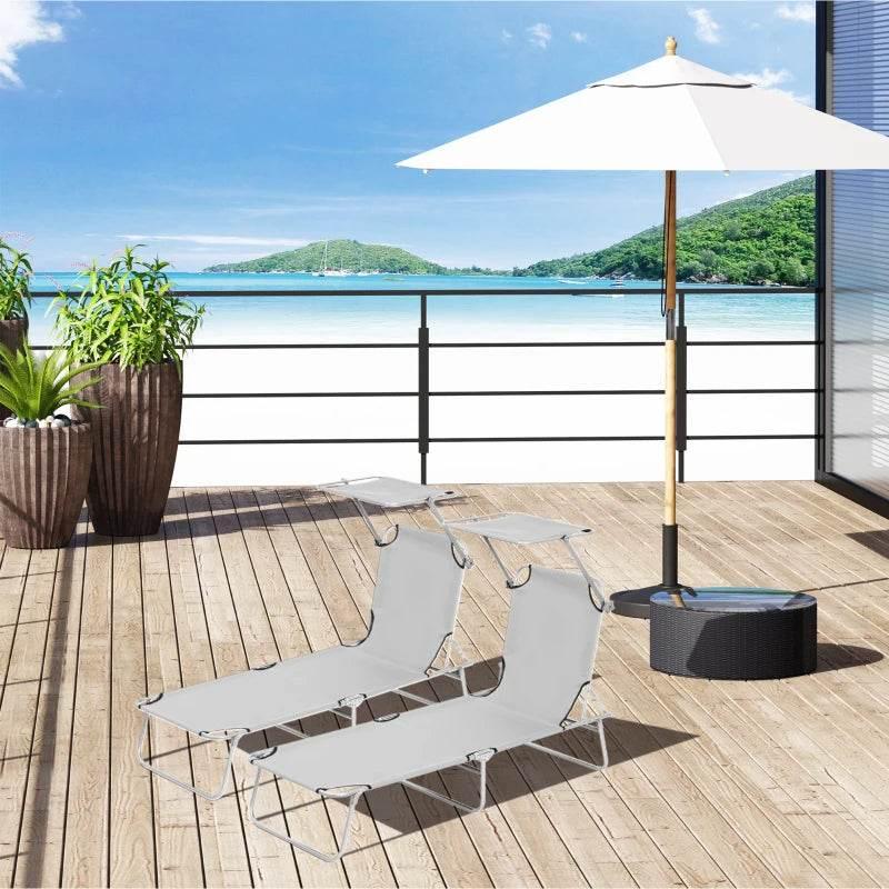 Light grey foldable sun lounger set, two adjustable reclining chairs with canopy