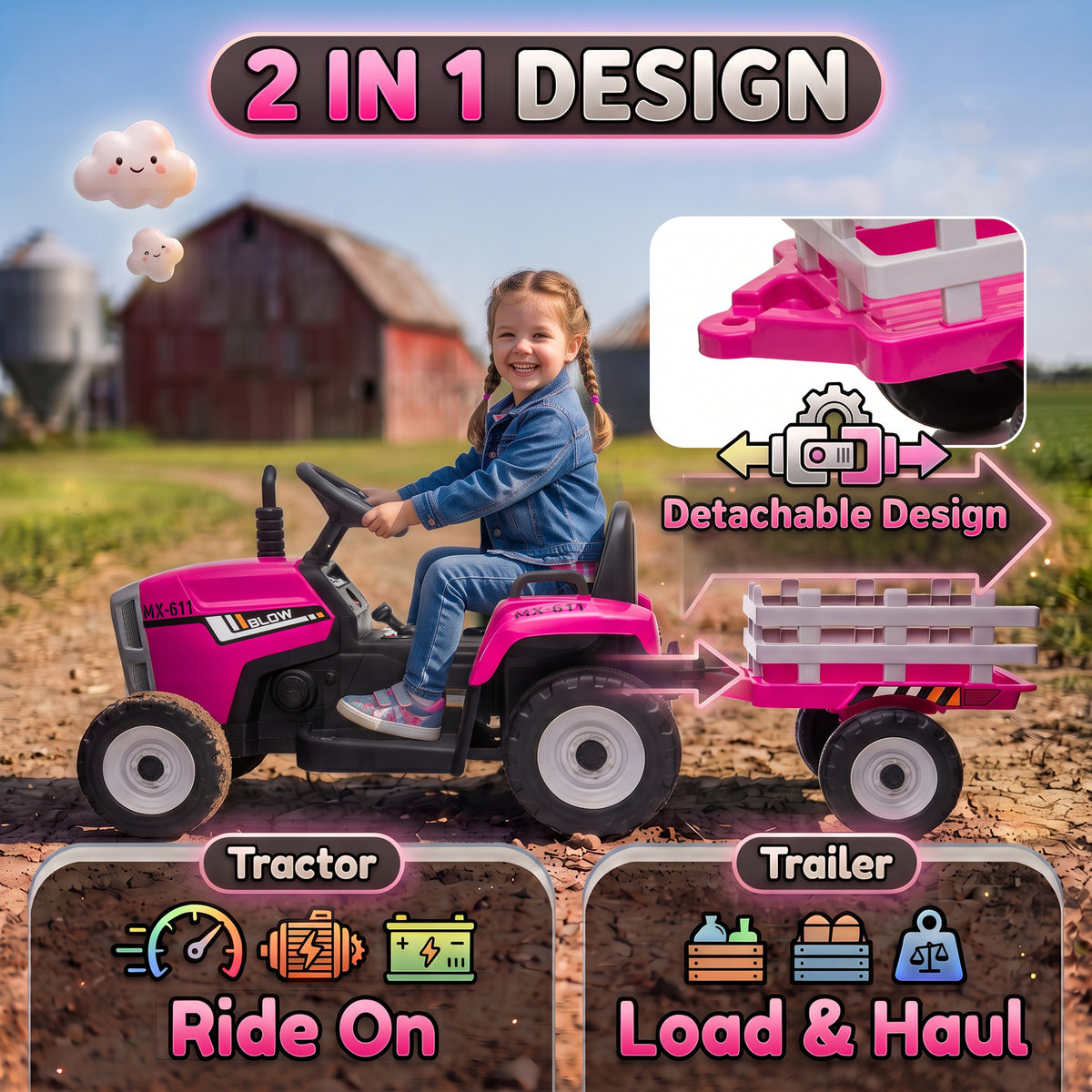 HOMCOM 12V Pink Kids Ride On Tractor With Remote Control And Trailer