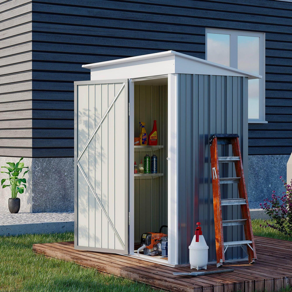 Small grey steel lean-to garden shed with double door opening
