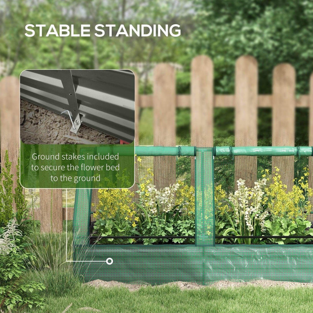 Green greenhouse raised garden bed with ground stakes for stable outdoor setup