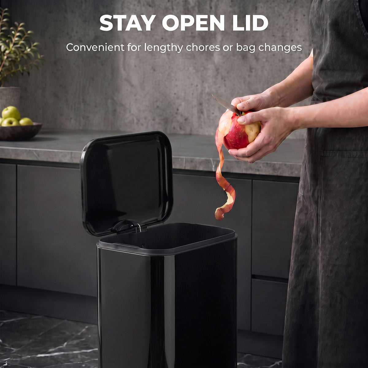 20L kitchen pedal bin with stay-open lid, dark glossy body