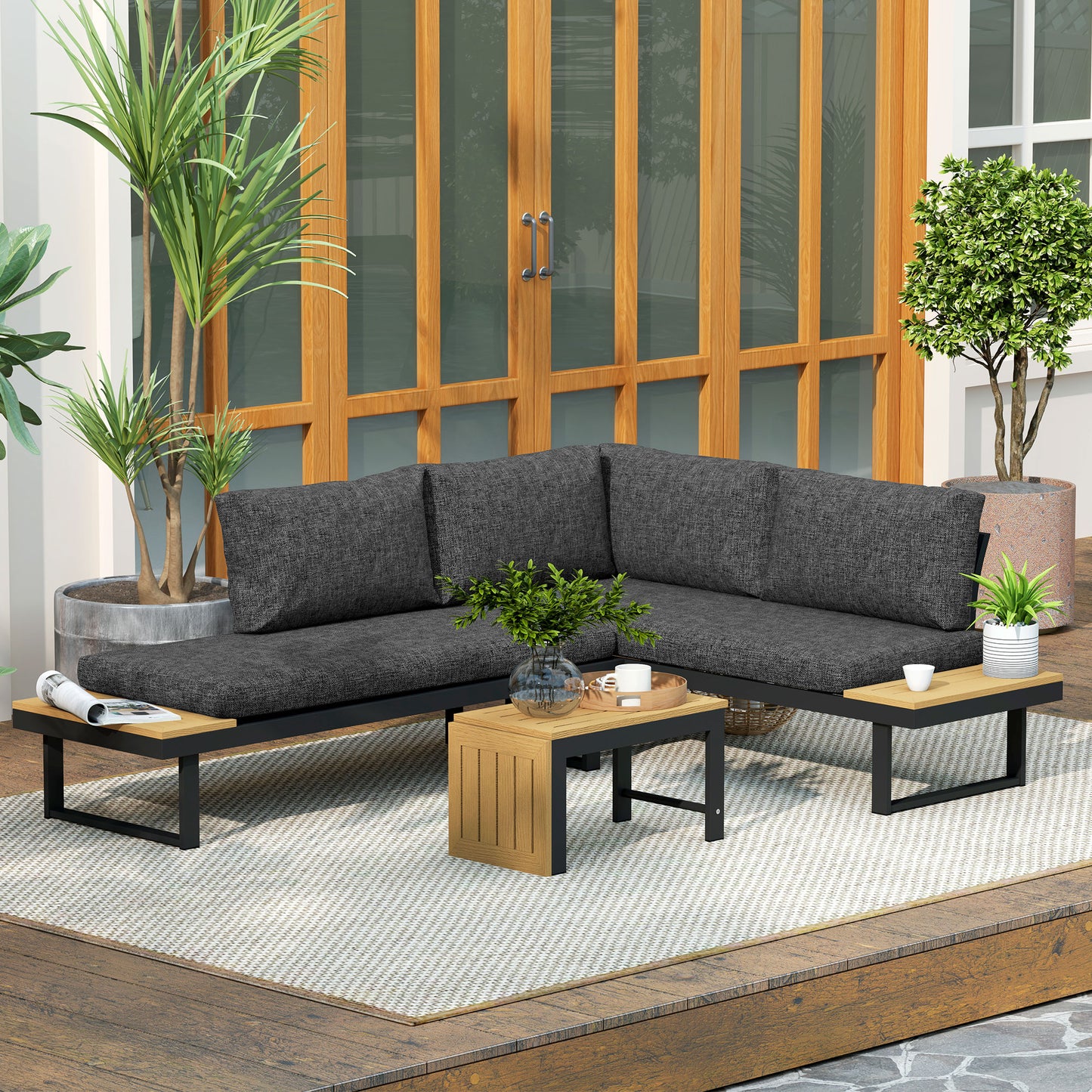 Outsunny 4 Seater Aluminium Sectional Garden Furniture Set With 2 Loveseats And Wood Plastic Coffee Table Natural Wood