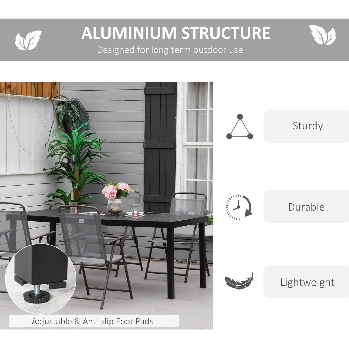 Black aluminium outdoor dining table with sturdy frame and adjustable non-slip foot pads.