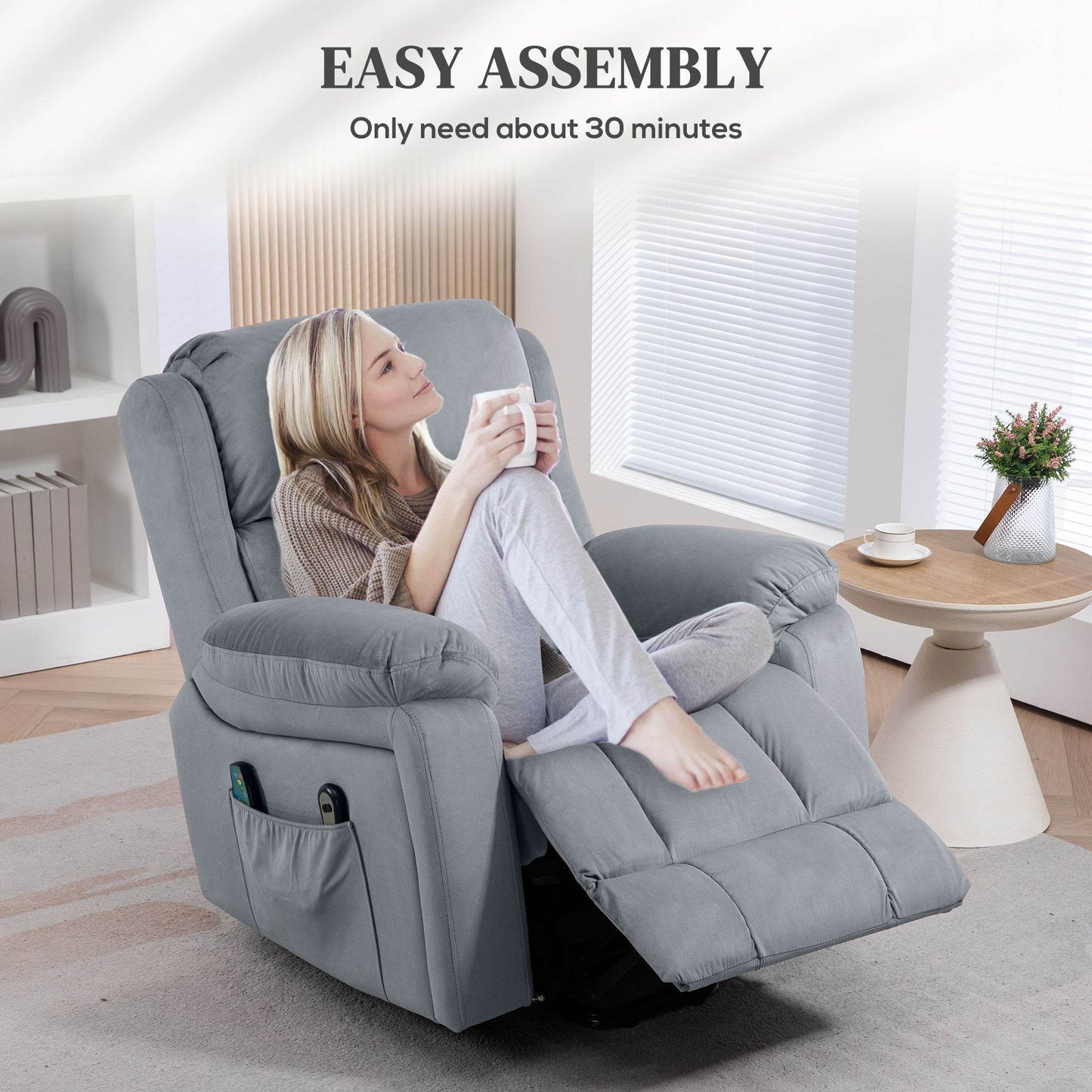 Grey lift recliner armchair reclined for resting with footrest extended