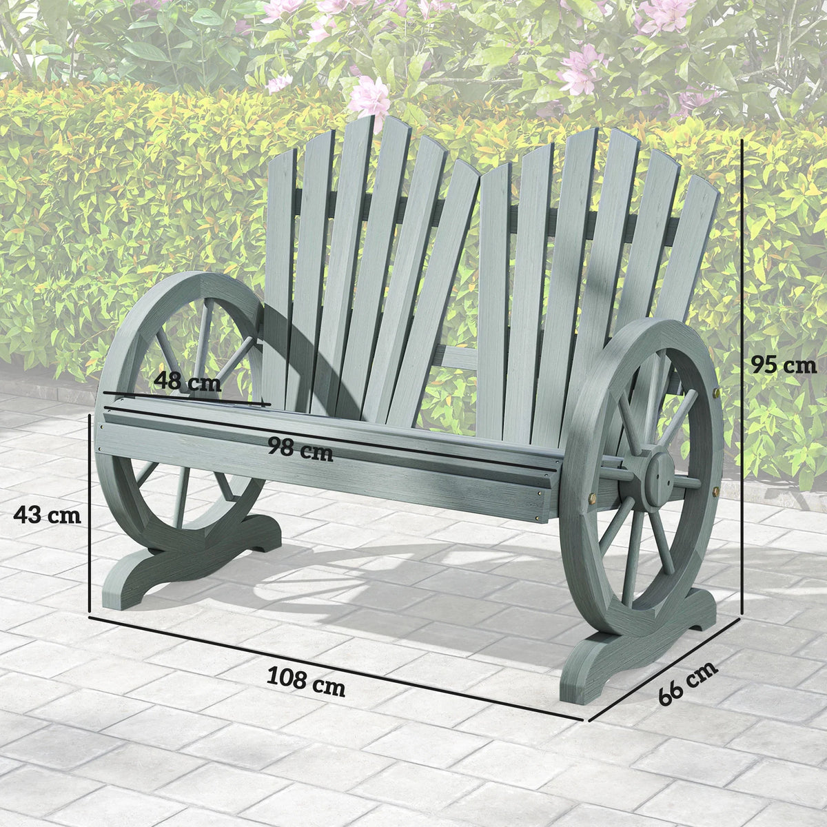 Grey two-seat outdoor bench, 108cm wide; wagon wheel armrests, slatted back