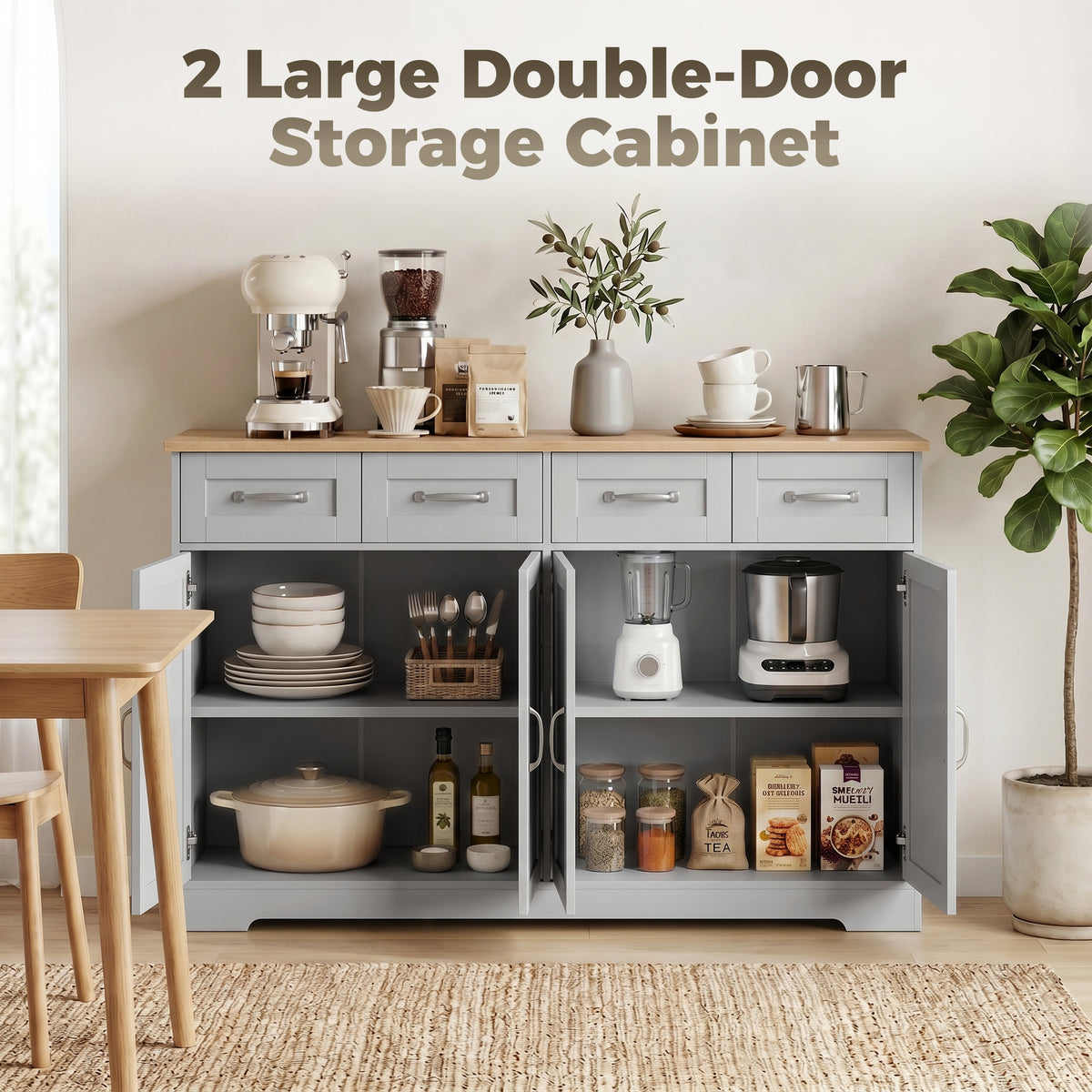 Grey sideboard cabinet with two double doors open, showing shelves for storage