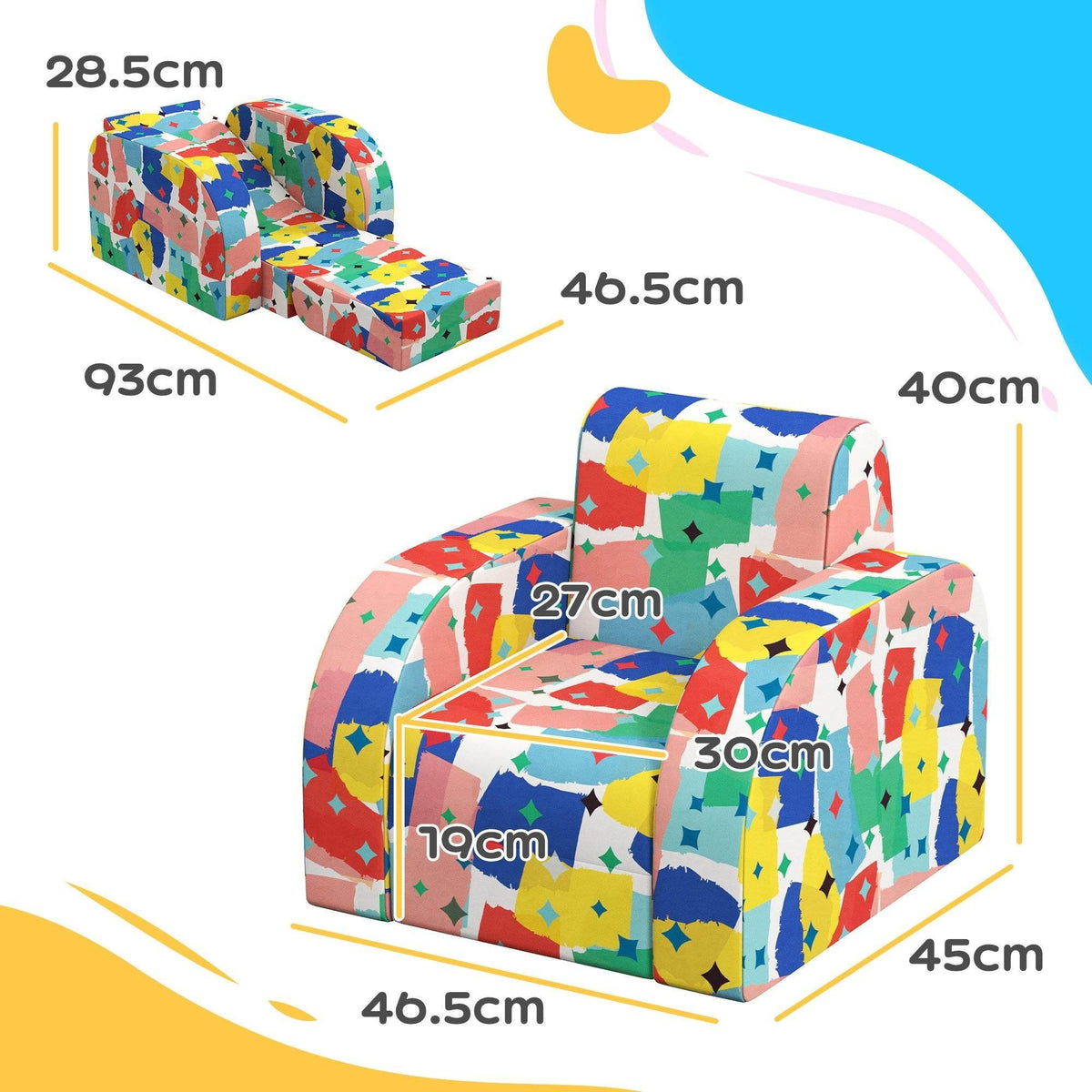 Colorful foldable toddler armchair, printed size-dimension diagram shown.