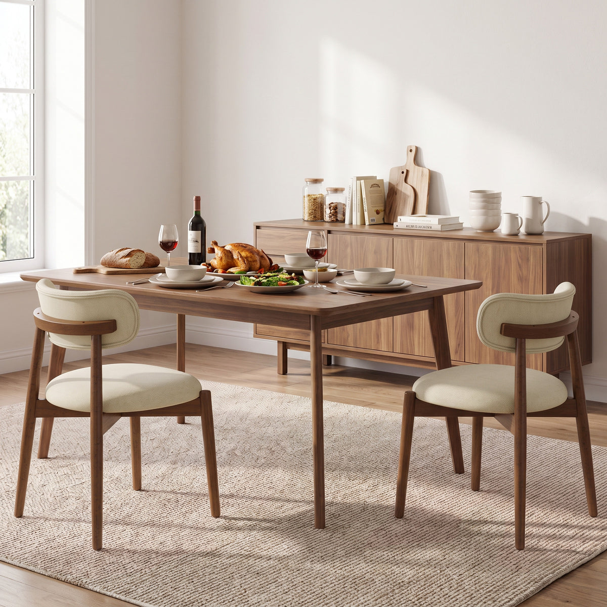 Beige chenille dining chairs set of 2 with rounded backs and tapered wood legs