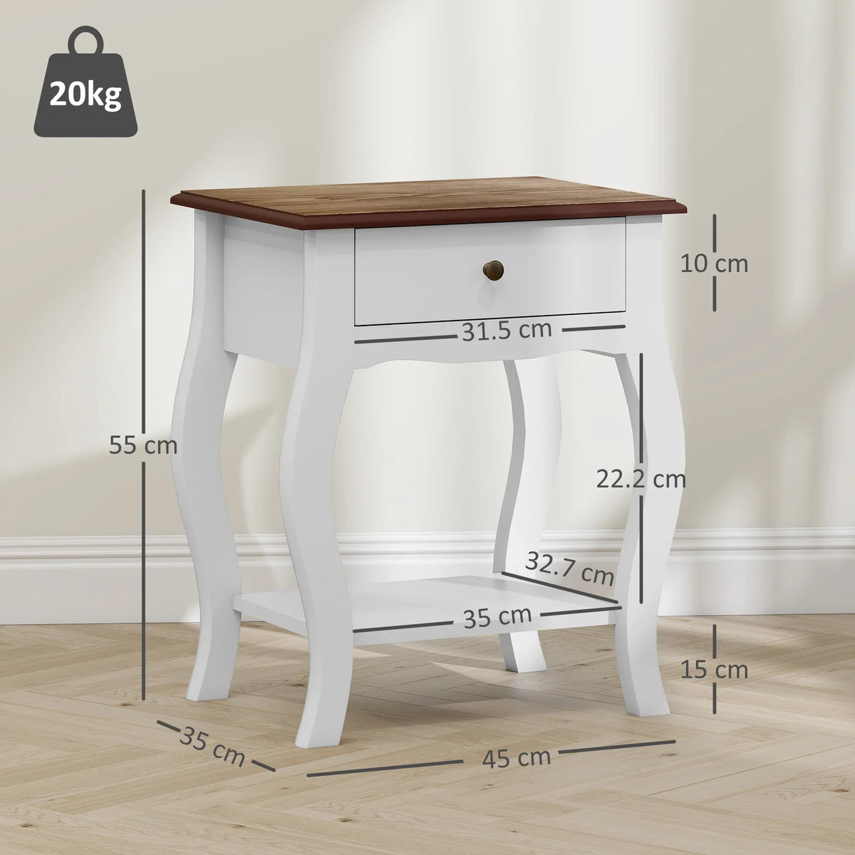 White French-style bedside table with dark wood top, single drawer, and lower open shelf.